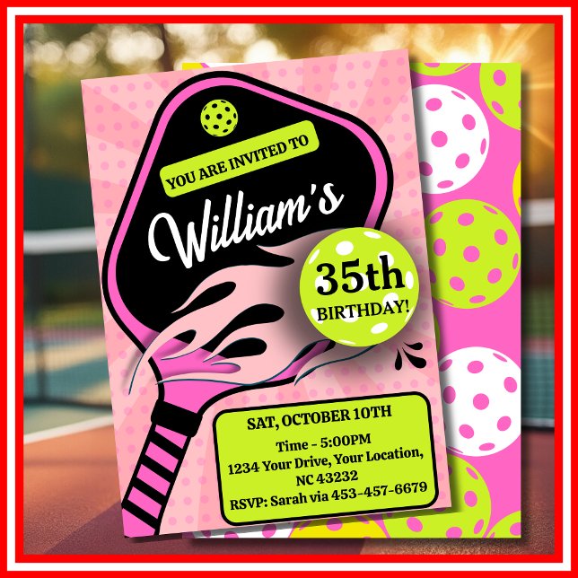 Invitation d'anniversaire de Pickleball RETRO Band (Pickleball Birthday RETRO Stripes Pink Sports Invitation)