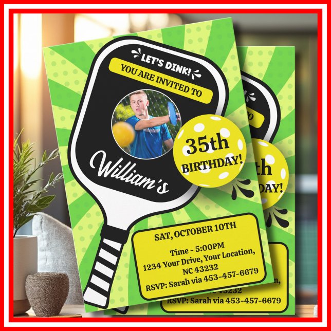 Invitation d'anniversaire de Pickleball RETRO Vert (Pickleball Birthday RETRO Green Stripes Sports PHOTO Invitation )