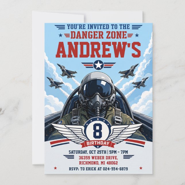 Invitation d'anniversaire de pilote de chasse mili (Devant)