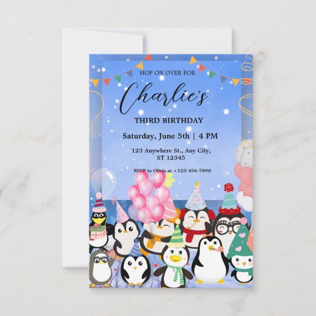 Invitation d'anniversaire de pingouin pour enfant (Devant)