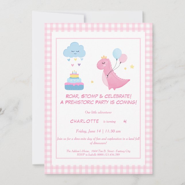 Invitation d'anniversaire de Pink Dino-Mite (Devant)