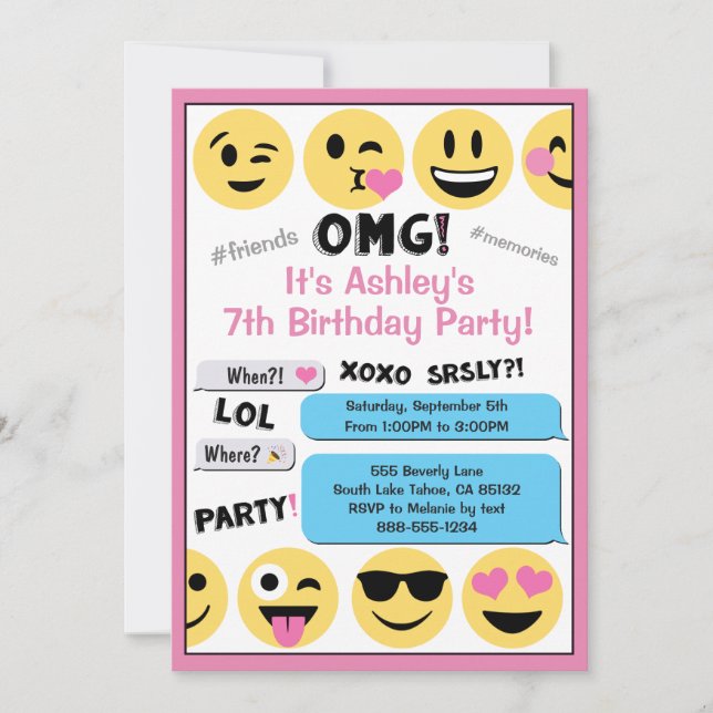 Invitation d'anniversaire de Pink Emoji (Devant)