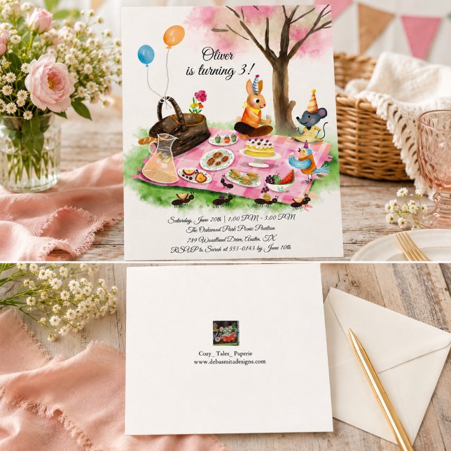 Invitation d'anniversaire de pique-nique d'animaux (Créateur téléchargé)
