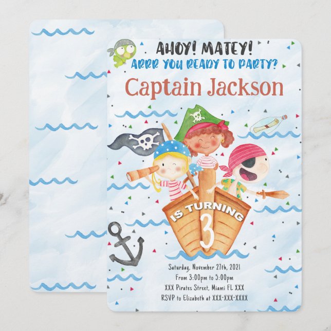 Invitation d'anniversaire de pirate (Devant / Derrière)