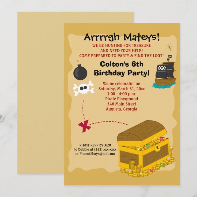 Invitation d'anniversaire de Pirate Boy 5x7 (Devant / Derrière)