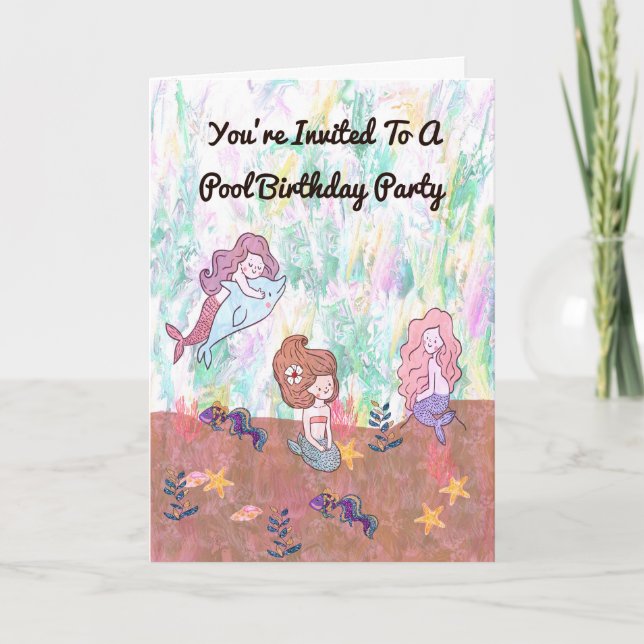 Invitation d'anniversaire de piscine avec sirènes (Devant)