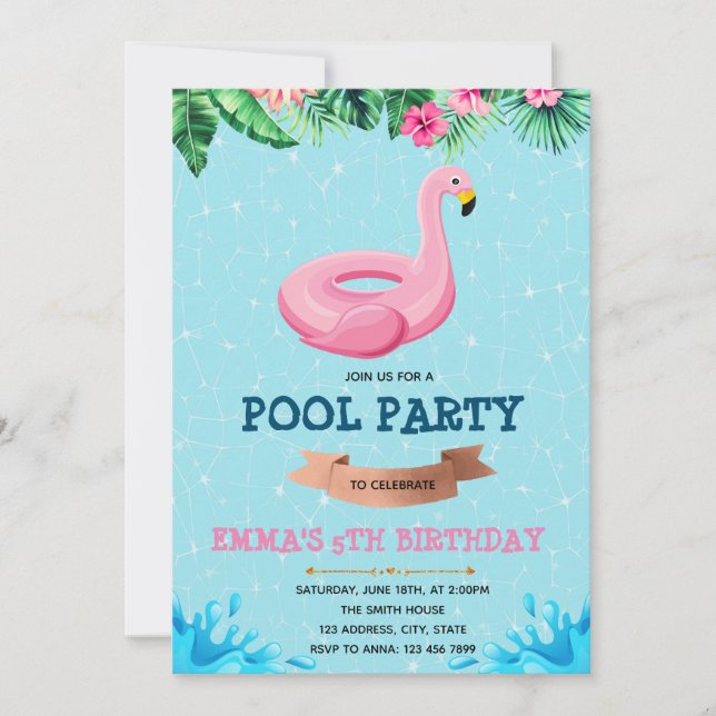 Invitation d'anniversaire de piscine flamant rose  (Devant)