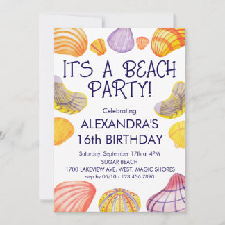 Invitation d'anniversaire de plage avec des coquil