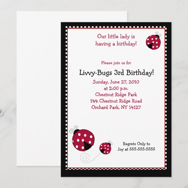 Invitation d'anniversaire de Polkadot Ladybug 5x7 (Devant / Derrière)