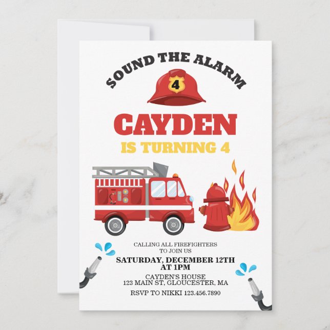 Invitation d'anniversaire de pompier de camion de  (Devant)