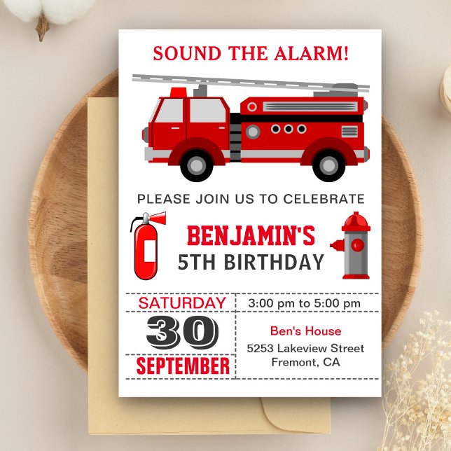 Invitation d'anniversaire de pompier de camion de  (Créateur téléchargé)