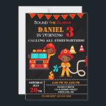 Invitation d'anniversaire de pompier Fête de camio<br><div class="desc">Invitation pour l'anniversaire des pompiers Invitation pour la fête des camions de pompiers. Jolie invitation pour la fête d'anniversaire du jeune pompier avec camion Red Fire, pompier à la peau foncée et quelques équipements de lutte contre l'incendie. Sonnez l'alarme et éditez simplement ce modèle facile à utiliser dans le menu...</div>