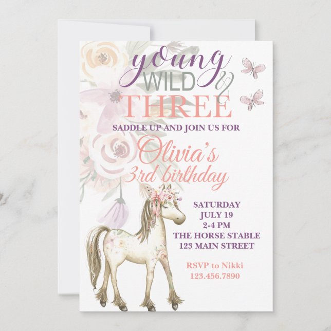 Invitation d'anniversaire de poney jeune sauvage e (Devant)