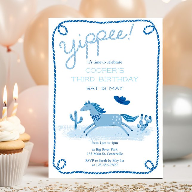 Invitation d'anniversaire de Poney Occidental Bleu (Créateur téléchargé)