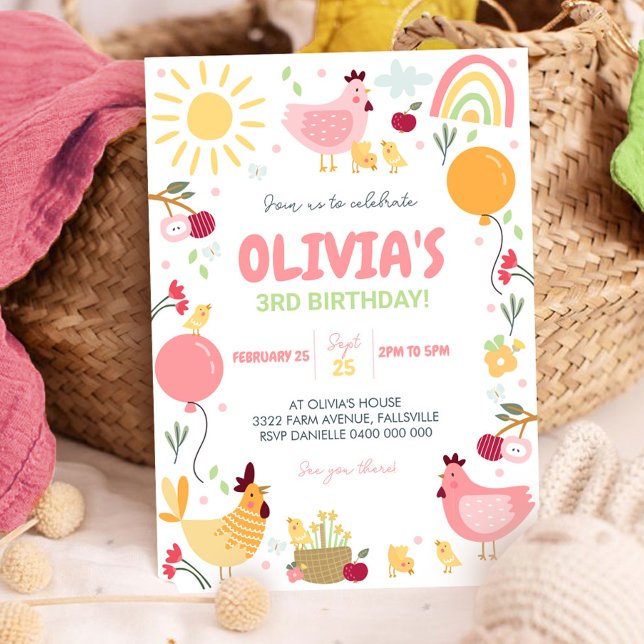 Invitation d'anniversaire de poulet Rainbow Chicke (Chicken Birthday Invitation)
