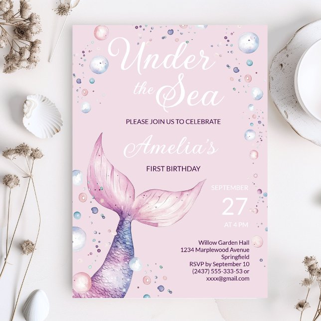 Invitation d'anniversaire de première année de sir (Pink under the sea mermaid tail invitation for baby girl first birthday)