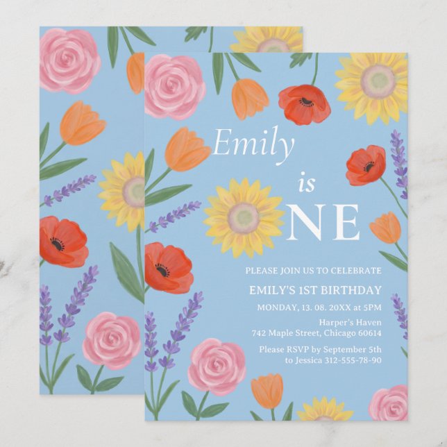 Invitation d'anniversaire de première année Fleurs (Devant / Derrière)