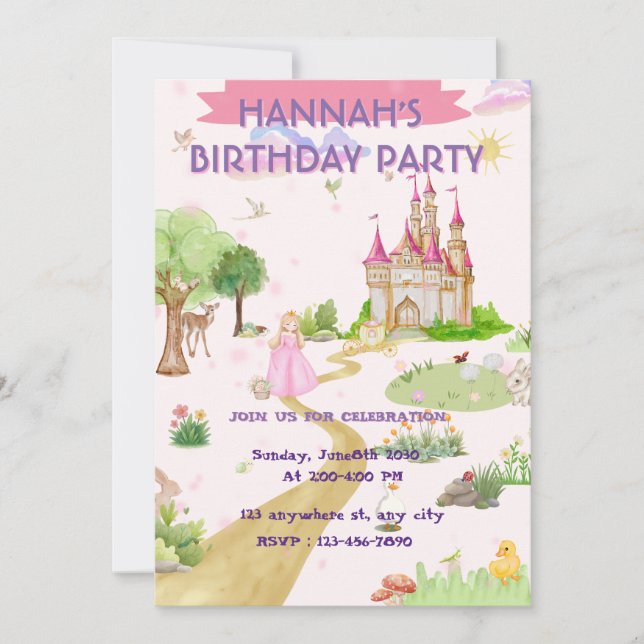 Invitation d'anniversaire de princesse à l'aquarel (Devant)