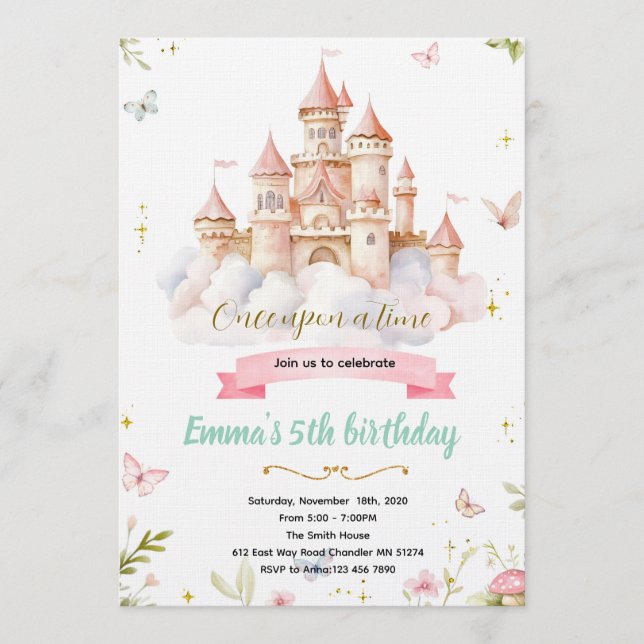 Invitation d'anniversaire de princesse de Château  (Devant)