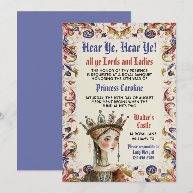 Invitation d'anniversaire de princesse de la Renai (Devant / Derrière)
