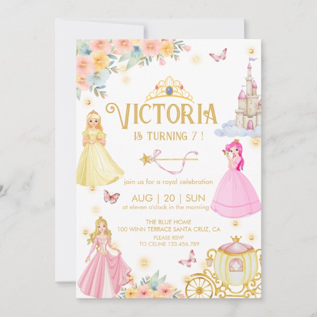 Invitation d'anniversaire de princesse élégante (Devant)