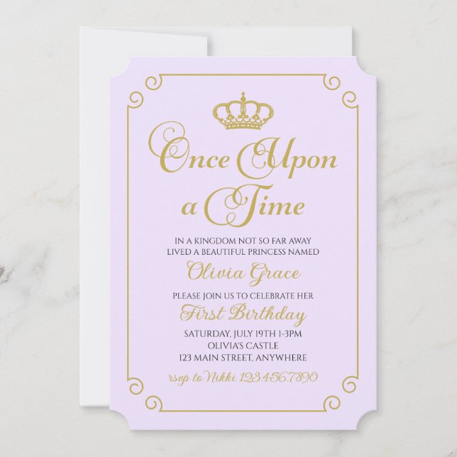 Invitation d'anniversaire de princesse en or Il ét (Devant)