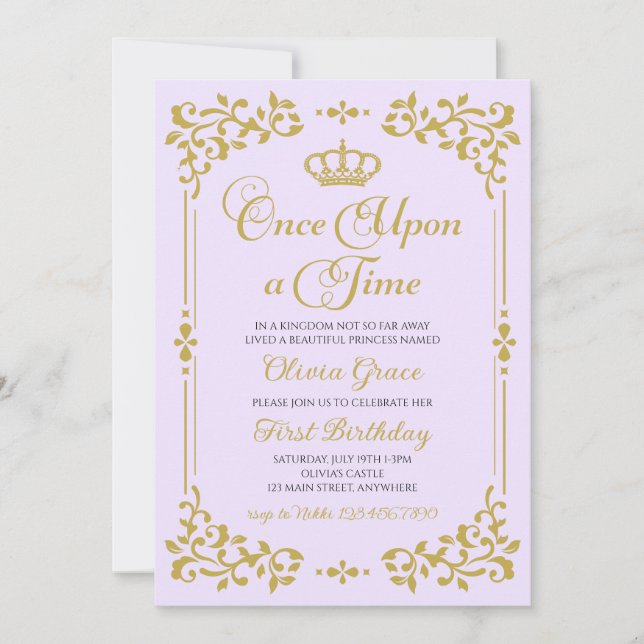 Invitation d'anniversaire de princesse en or Il ét (Devant)