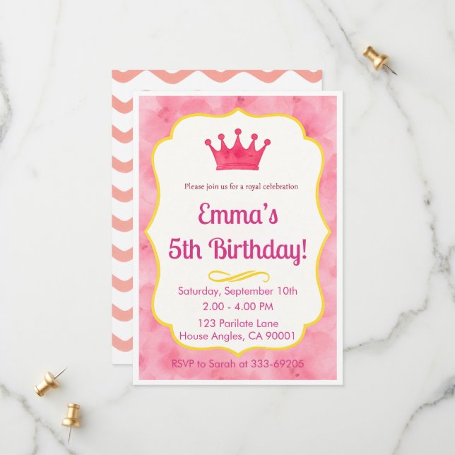 Invitation d'anniversaire de princesse | Fête roya (Devant/Arrière en situation)