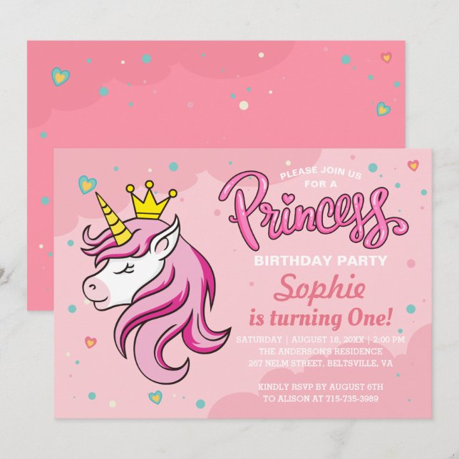 Invitation d'anniversaire de princesse licorne (Devant / Derrière)
