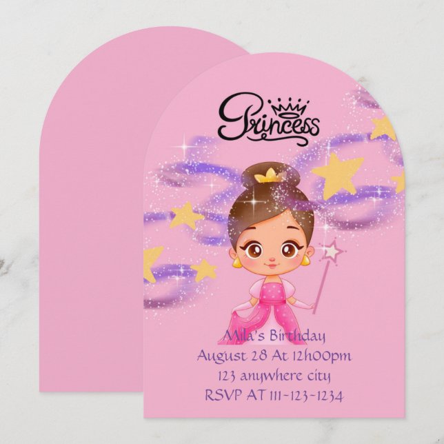 invitation d'anniversaire de princesse rose (Devant / Derrière)