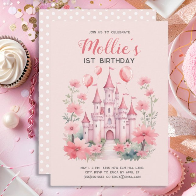 Invitation d'anniversaire de princesse rose Châtea (Cute pink princess castle little girl's 1st birthday party invitation)