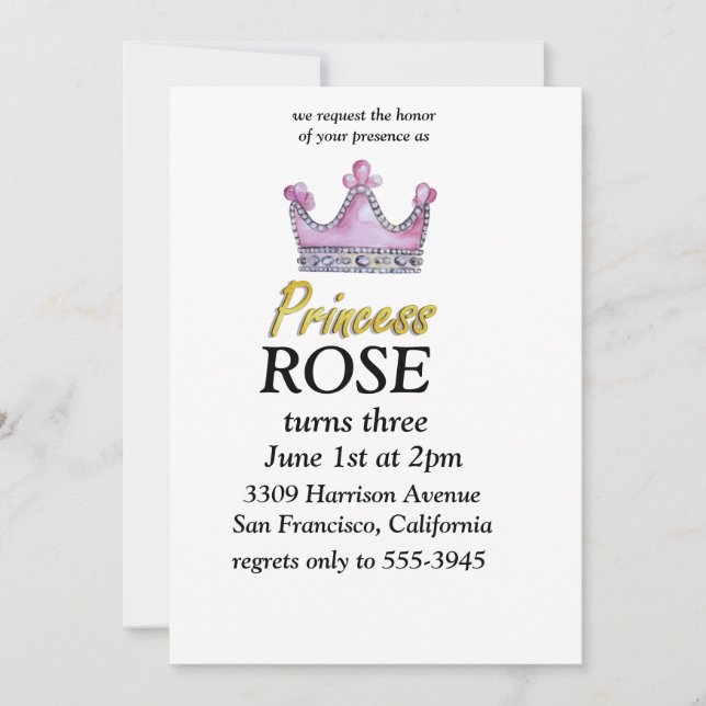 Invitation d'anniversaire de princesse rose et or (Devant)