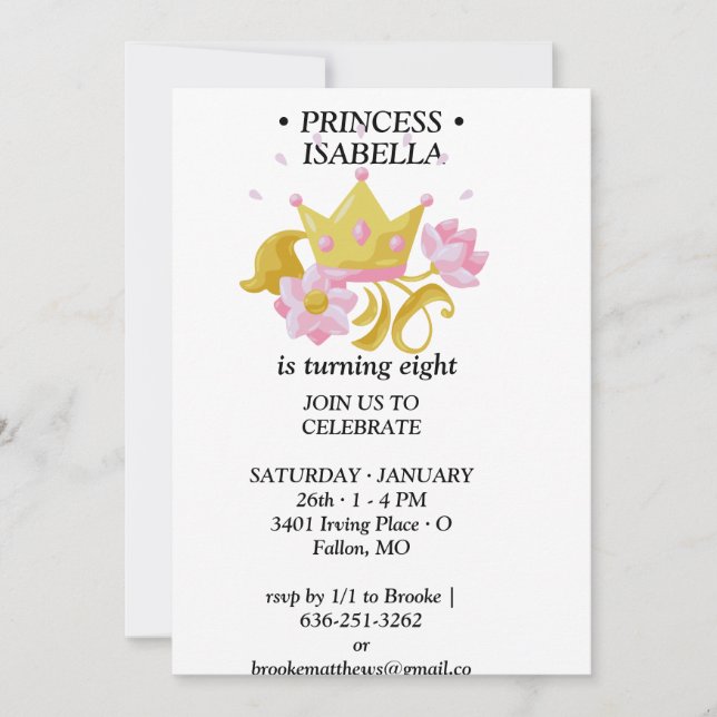 Invitation d'anniversaire de princesse rose et or (Devant)
