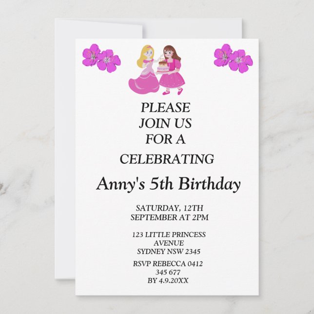 Invitation d'anniversaire de princesse rose et or (Devant)