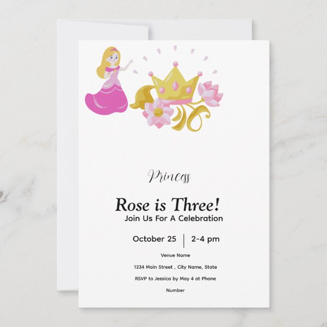 Invitation d'anniversaire de princesse rose et or (Devant)