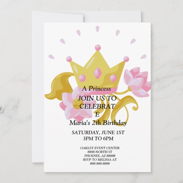 Invitation d'anniversaire de princesse rose et or. (Devant)