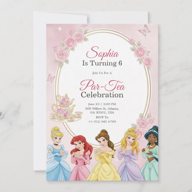Invitation d'anniversaire de princesse sur le thèm (Devant)