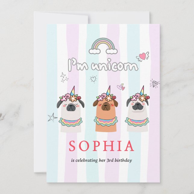 Invitation d'anniversaire de Pug Licorne Magique (Devant)