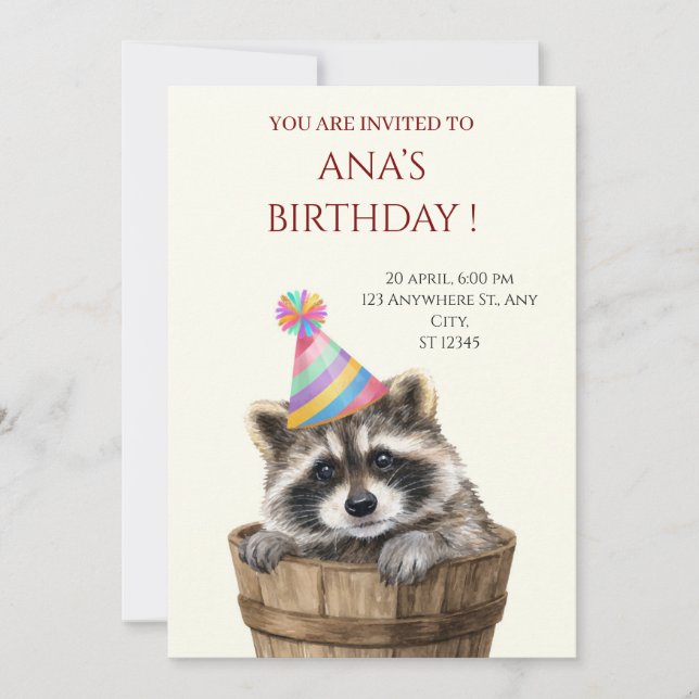 Invitation d'anniversaire de raton laveur mignon  (Devant)