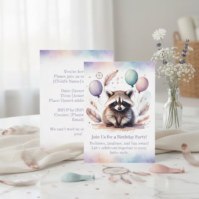 Invitation d'anniversaire de raton laveur mignon B (Cute Raccoon Birthday Invitation Woodland Boho)