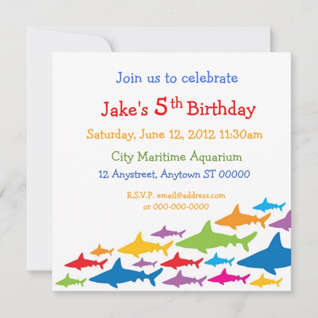 Invitation d'anniversaire de requins de couleur (Devant)