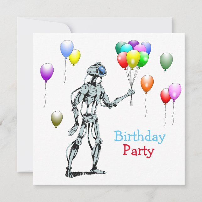 Invitation d'anniversaire de robot avec ballons (Devant)
