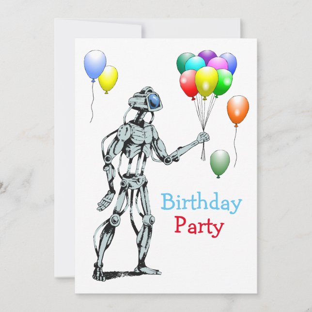 Invitation d'anniversaire de robot avec ballons (Devant)