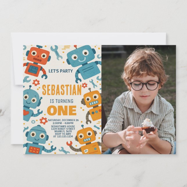 Invitation d'anniversaire de Robot coloré pour enf (Devant)