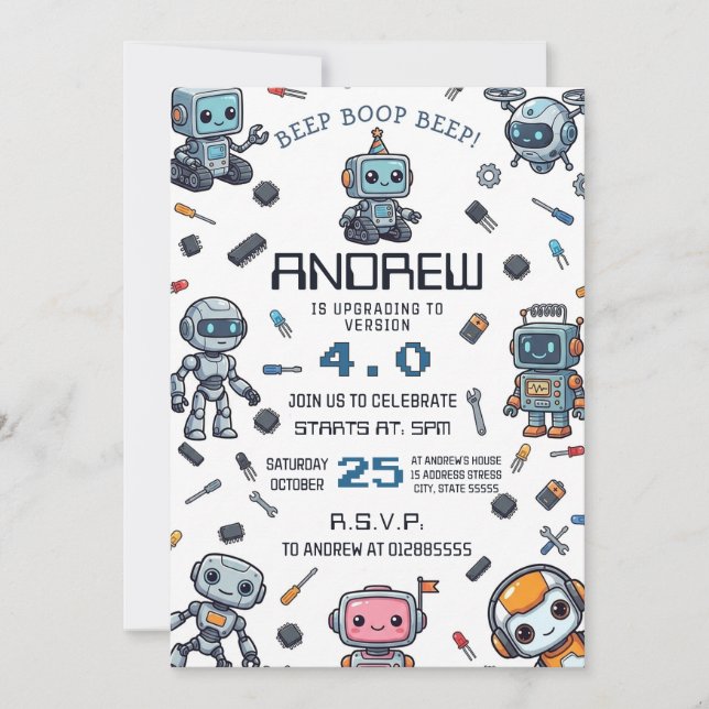 Invitation d'anniversaire de robot de technologie  (Devant)