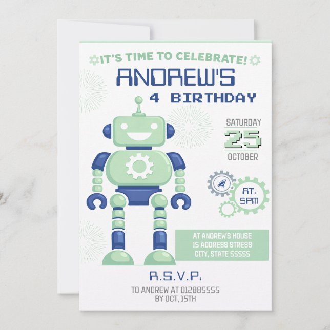 Invitation d'anniversaire de robot personnel (Devant)