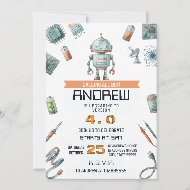 Invitation d'anniversaire de robot personnel peu i (Devant)