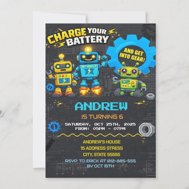 Invitation d'anniversaire de robots personnels (Devant)
