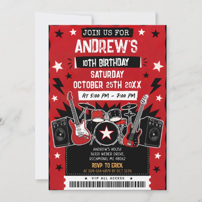 Invitation d'anniversaire de rock star avec musiqu (Devant)