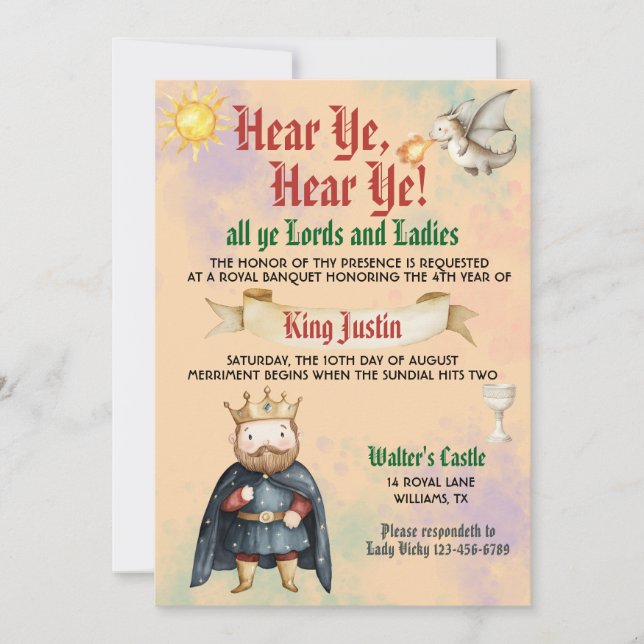 Invitation d'anniversaire de roi médiéval Renaissa (Devant)